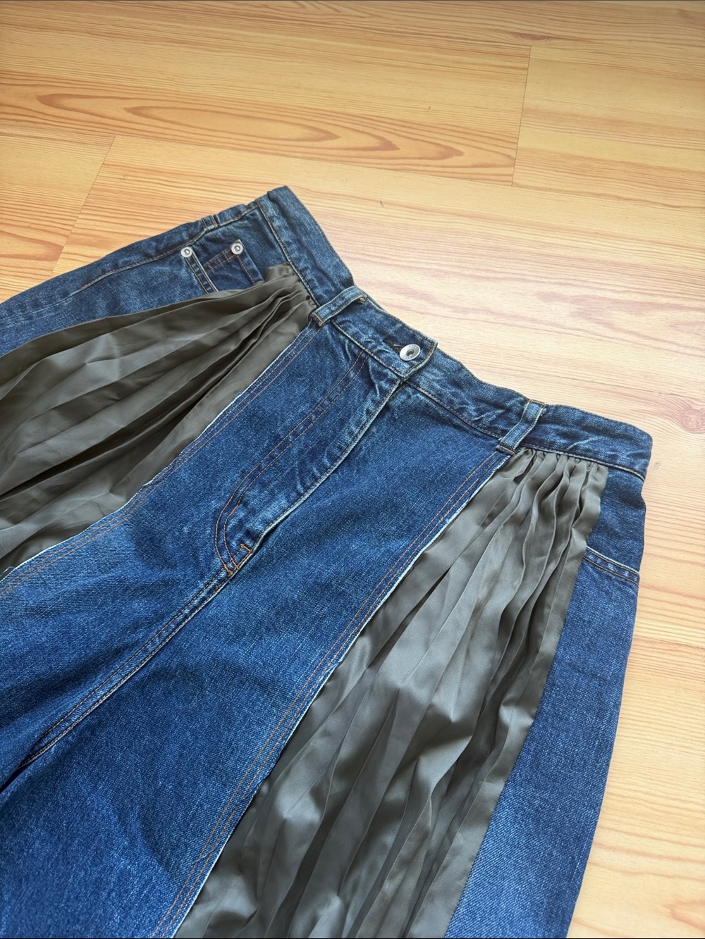 Sacai 3 Denim Panel Midi Skirt with Olive Pleated Insets - Picture 2 of 6